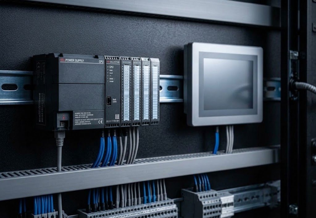 Electrical cabinet with programmable logic controller and HMI terminal on a DIN rail